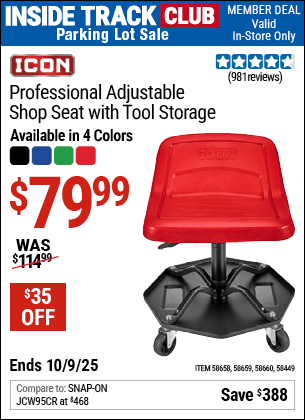 Harbor Freight Coupons, HF Coupons, 20% off - ICON Professional Adjustable Shop Seat with Tool Storage 