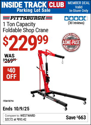 Harbor Freight Coupons, HF Coupons, 20% off - PITTSBURGH 1 Ton Capacity Foldable Shop Crane for $239.99