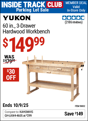 Harbor Freight Coupons, HF Coupons, 20% off - YUKON 60 in. 3-Drawer Hardwood Workbench for $139.99
