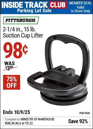 Harbor Freight Coupons, HF Coupons, 20% off - PITTSBURGH 2-1/4 in., 15 lb. Suction Cup Lifter for $1.49