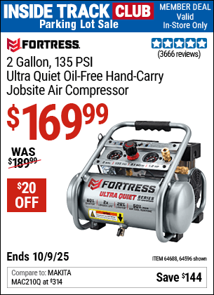 Harbor Freight Coupons, HF Coupons, 20% off - Fortress 2 Gallon, 1.2 Hp, 135 Psi Ultra-quiet, Oil-free Professional Air Compressor