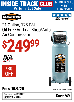 Harbor Freight Coupons, HF Coupons, 20% off - Mcgraw 175 Psi, 21 Gallon Vertical Oil-free Air Compressor