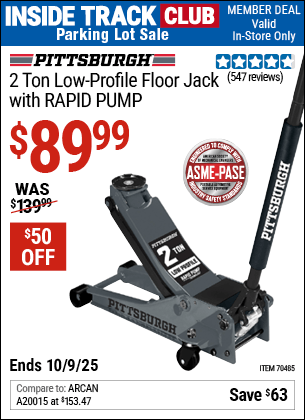 Harbor Freight Coupons, HF Coupons, 20% off - PITTSBURGH 2 Ton Low-Profile Floor Jack with RAPID PUMP for $109.99