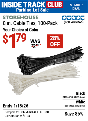 Harbor Freight Coupons, HF Coupons, 20% off - STOREHOUSE 8 in. Cable Ties Pack of 100 for $1.49