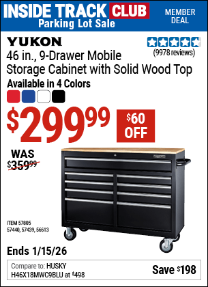 Harbor Freight Coupons, HF Coupons, 20% off - YUKON 46 in. 9-Drawer Mobile Storage Cabinet with Solid Wood Top 