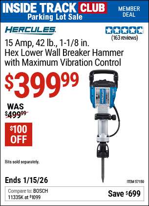 Harbor Freight Coupons, HF Coupons, 20% off - HERCULES 15 Amp, 42 lb., 1-1/8 in. Hex Lower Wall Breaker Hammer with Maximum Vibration Control for $399.99