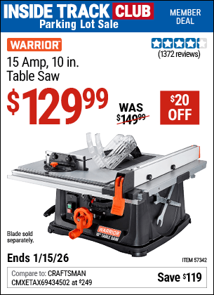 Harbor Freight Coupons, HF Coupons, 20% off - WARRIOR 10 in. 15 Amp Table Saw 