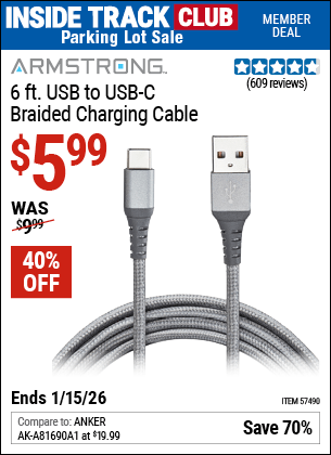 Harbor Freight Coupons, HF Coupons, 20% off - 6 ft. USB to USB-C Braided Charging Cable