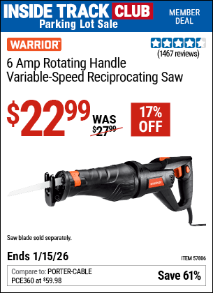 Harbor Freight Coupons, HF Coupons, 20% off - WARRIOR 6 Amp Rotating Handle Variable Speed Reciprocating Saw 