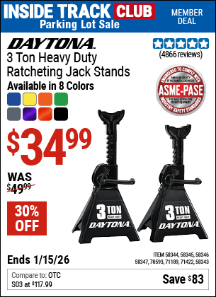 Harbor Freight Coupons, HF Coupons, 20% off - Buy Any 3T or 4T Steel DAYTONA Jack, Get One Pair of 3T DAYTONA Steel Jack Stands FREE!