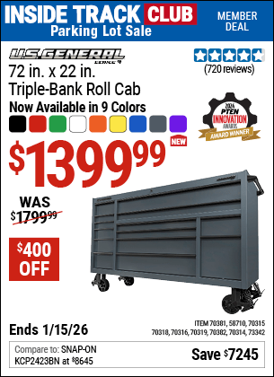 Harbor Freight Coupons, HF Coupons, 20% off - U.S. GENERAL 72 in. x 22 in. Triple-Bank Roll Cab 