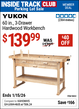 Harbor Freight Coupons, HF Coupons, 20% off - YUKON 60 in. 3-Drawer Hardwood Workbench for $139.99