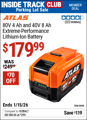 Harbor Freight Coupons, HF Coupons, 20% off - ATLAS 80V, 4.0 Ah and 40V, 8.0 Ah Lithium-Ion Battery for $219.99