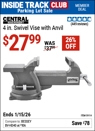Harbor Freight Coupons, HF Coupons, 20% off - ENTRAL MACHINERY 4 in. Swivel Vise with Anvil for $29.99