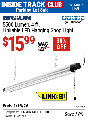 Harbor Freight Coupons, HF Coupons, 20% off - BRAUN 5500 Lumen 4 ft. Linkable LED Hanging Shop Light 