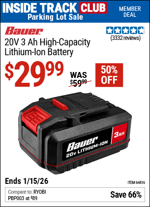 Harbor Freight Coupons, HF Coupons, 20% off - 20 Volt, 3.0 Amp Hour Battery