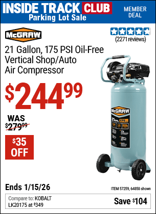 Harbor Freight Coupons, HF Coupons, 20% off - Mcgraw 175 Psi, 21 Gallon Vertical Oil-free Air Compressor