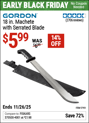Harbor Freight Coupons, HF Coupons, 20% off - GORDON 18 in. Machete with Serrated Blade for $5.99