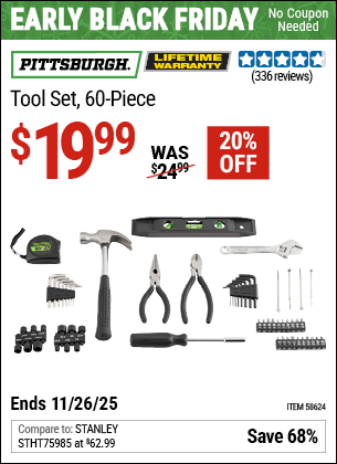 Harbor Freight Coupons, HF Coupons, 20% off - PITTSBURGH Tool Kit, 60 Pc. for $19.99