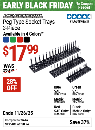 Harbor Freight Coupons, HF Coupons, 20% off - U.S. GENERAL Peg-Type Socket Tray, 3 Pc. for $14.99