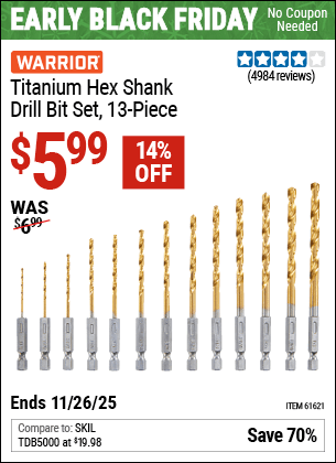 Harbor Freight Coupons, HF Coupons, 20% off - 13 Piece Titanium Nitride Coated High Speed Steel Drill Bits