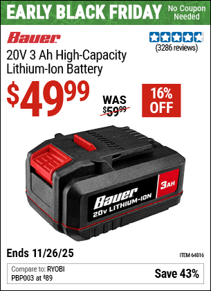 Harbor Freight Coupons, HF Coupons, 20% off - 20 Volt, 3.0 Amp Hour Battery