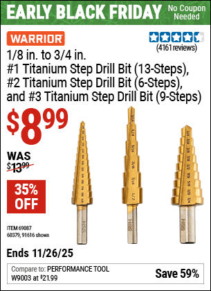 Harbor Freight Coupons, HF Coupons, 20% off - 3 Piece Titanium High Speed Steel Step Bits