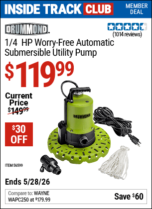 Harbor Freight Coupons, HF Coupons, 20% off - DRUMMOND 1/4 HP Worry-Free Automatic Submersible Utility Pump for $99.99