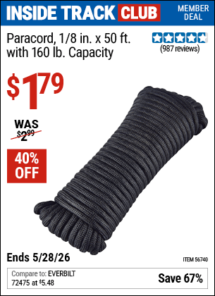 Harbor Freight Coupons, HF Coupons, 20% off - 1/8 in.  x 50 ft.  Paracord
