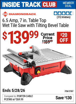 Harbor Freight Coupons, HF Coupons, 20% off - DIAMONDBACK 6.5 Amp 7 in. Table Top Wet Tile Saw with Tilting Bevel Table 
