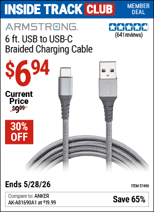 Harbor Freight Coupons, HF Coupons, 20% off - 6 ft. USB to USB-C Braided Charging Cable