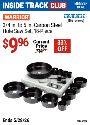 Harbor Freight Coupons, HF Coupons, 20% off - 3/4 in. - 5 in. Carbon Steel Hole Saw Set, 18 Pc.