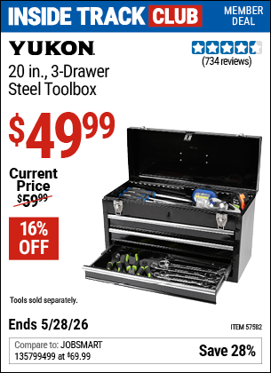 Harbor Freight Coupons, HF Coupons, 20% off - YUKON 20 in. 3 Drawer Steel Toolbox for $49.99