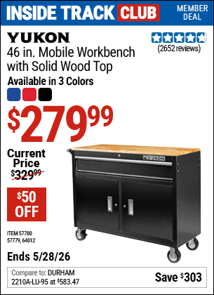 Harbor Freight Coupons, HF Coupons, 20% off - 46 In. Mobile Workbench With Solid Wood Top, Black