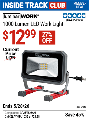 Harbor Freight Coupons, HF Coupons, 20% off - LUMINAR WORK 1000 Lumen LED Work Light for $9.99