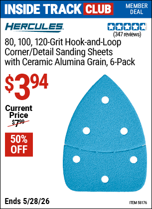 Harbor Freight Coupons, HF Coupons, 20% off - HERCULES 80/100/120 Grit Hook and Loop Corner/Detail Sanding Sheets for $3.99
