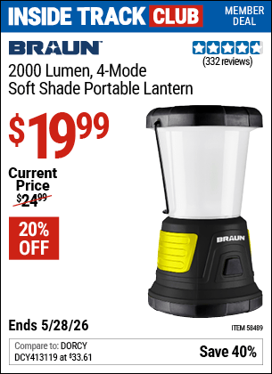 Harbor Freight Coupons, HF Coupons, 20% off - BRAUN 2000 Lumen 4 Mode Soft. Shade Portable Lantern for $18.99