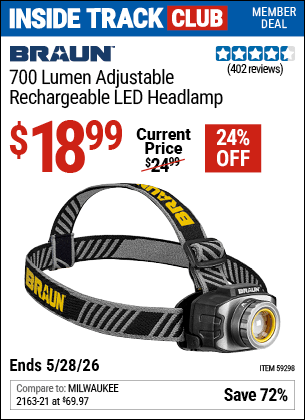 Harbor Freight Coupons, HF Coupons, 20% off - BRAUN 700 Lumen Adjustable Rechargeable LED Headlamp for $19.99