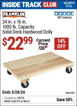 Harbor Freight Coupons, HF Coupons, 20% off - FRANKLIN 24 in. x 16 in. 1000 lb. Capacity Solid Deck Hardwood Dolly 