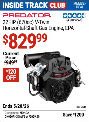 Harbor Freight Coupons, HF Coupons, 20% off - 22 Hp V-twin Gas Engines - 670 Cc Horizontal Shaft Or 708 Cc Vertical Shaft