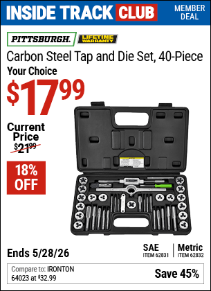 Harbor Freight Coupons, HF Coupons, 20% off - 40 Piece Carbon Steel Tap And Die Sets