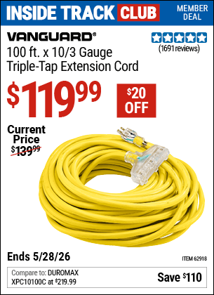 Harbor Freight Coupons, HF Coupons, 20% off - 100ft X 10 Gauge Triple Tap Extension Cord