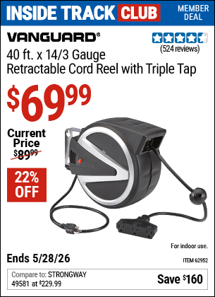 Harbor Freight Coupons, HF Coupons, 20% off - VANGUARD 40 ft. Retractable Cord Reel with Triple Tap for $64.99