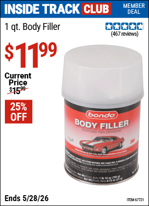 Harbor Freight Coupons, HF Coupons, 20% off - 1 Quart Bondo Lightweight Body Filler