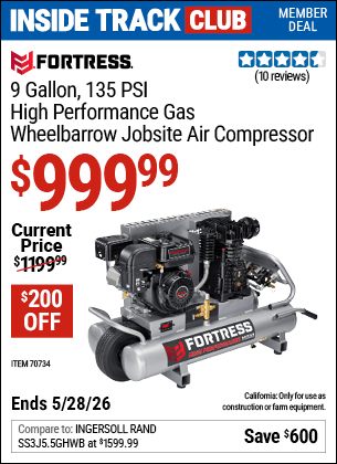 Harbor Freight Coupons, HF Coupons, 20% off - FORTRESS 9 Gallon, 135 PSI High Performance Gas Wheelbarrow Jobsite Air Compressor for $999.99