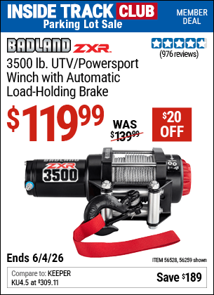 Harbor Freight Coupons, HF Coupons, 20% off - BADLAND 3500 Lb. ATV/Powersport 12V Winch With Automatic Load-Holding Brake for $119.99