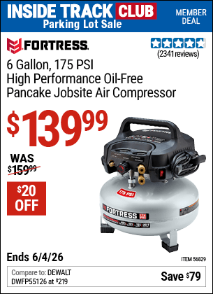 Harbor Freight Coupons, HF Coupons, 20% off - FORTRESS 6 Gallon 175 PSI High Performance Hand Carry Jobsite Air Compressor for $119.99
