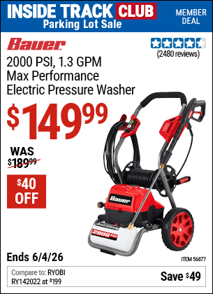 Harbor Freight Coupons, HF Coupons, 20% off - BAUER 2000 PSI Max Performance Electric Pressure Washer for $159.99