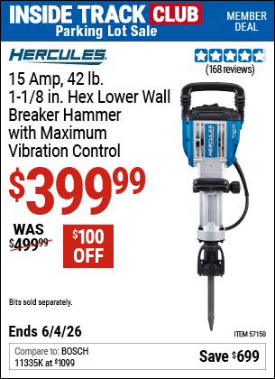 Harbor Freight Coupons, HF Coupons, 20% off - HERCULES 15 Amp, 42 lb., 1-1/8 in. Hex Lower Wall Breaker Hammer with Maximum Vibration Control for $399.99