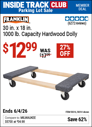 Harbor Freight Coupons, HF Coupons, 20% off - FRANKLIN 30 in. x 19 in. 1000 lb. Capacity Hardwood Dolly 